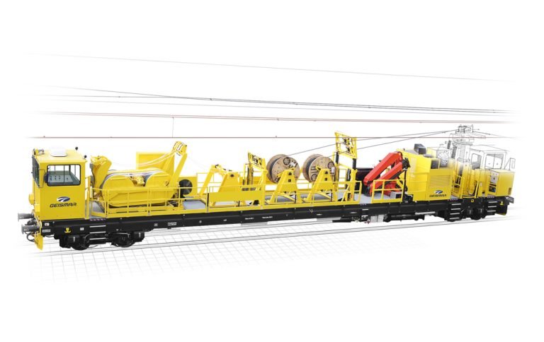 Automated catenary rolling and unrolling wagon with electronic wire tension control system