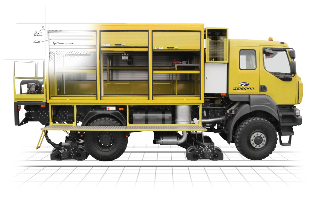 Il veicolo di servizio strada-rotaia V2R-S è stato progettato per le operazioni di manutenzione e riparazione dei binari.
